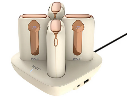 WST 10000mAh x 4 Power Bank Docking Station Bobyan Gold with built-in cables and compact design.