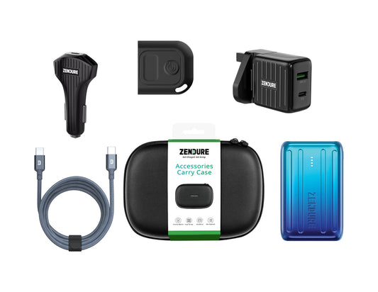 Zendure Daily Power Accessory Pack with power bank carry case car charger wall charger cable and tag.